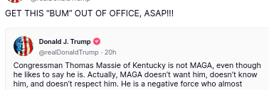 DementiaDon secreted this:
"GET THIS “BUM” OUT OF OFFICE, ASAP!!!" 
and quoted its own most primitive tirade. (see my QP, please)
source: https://truthsocial.com/@realDonaldTrump/posts/114732962923492888