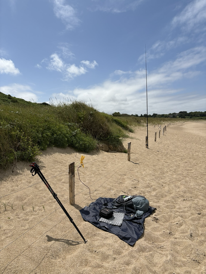 A wire antenna set up near a beach and some radio gear in the sand