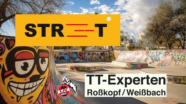 Street-TT: TT-Experten Rosskopf & Weißbach - Wappen des 1. FC Köln - Bild einer Skating-Anlage mit Graffiti im Hintergrund