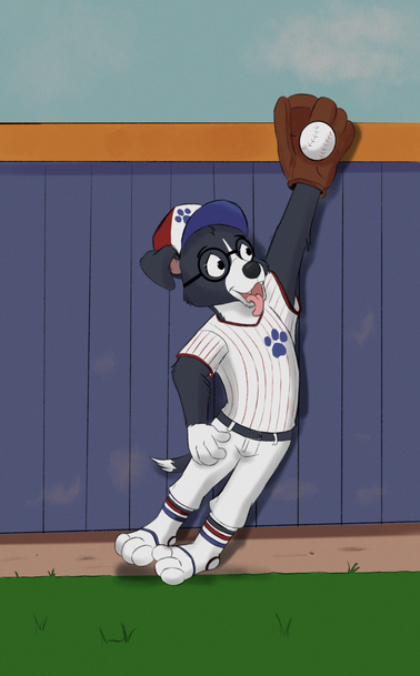 A border collie in a white baseball uniform with red pinstripes and a blue paw logo on his chest jumps, catching a baseball.