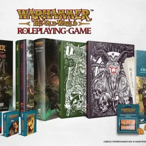 A collection of Warhammer: The Old World roleplaying game products is displayed, featuring several books and accessories. Prominently shown are the core rulebook, a player's guide, and a collector's edition, all adorned with intricate artwork. Additionally, there are packs of cards, a character sheet pad, and various dice, emphasizing the comprehensive nature of the available bundles.
