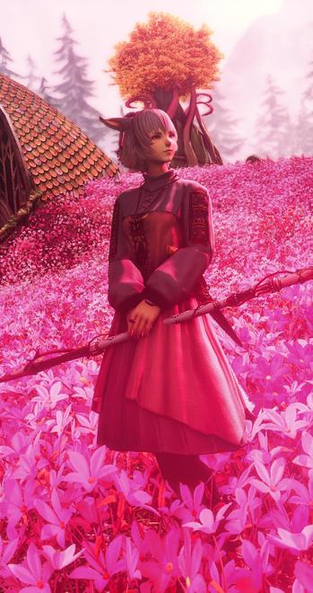 In Final Fantasy XIV, a catgirl is standing in a pink flower field. She wears a gray and pink dress and is holding a staff.
The whole picture has a slightly pink lighting.