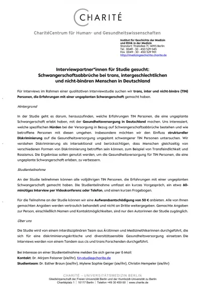 Den Beschreibungstext habe ich in den Post kopiert.

Anschrift: Institut für Geschichte der Medizin
und Ethik in der Medizin
Standort: Thielallee 71, 14195 Berlin
Tel. 0049 - 30 - 450 529 045
Fax 0049 - 30 - 450 529 901
http://medizingeschichte.charite.de