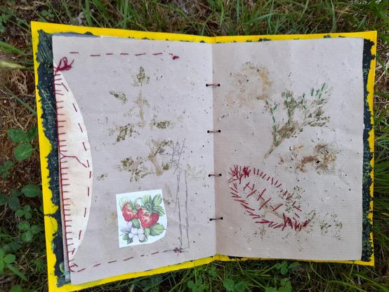 #6 Left: A round part of the coffee filter of page 5 fixed with red stitches. A hammer print of a green plant on grey krafft paper, a small picture of strawberries with flowers. Right: red stitched abstract form of a beech leave and hammer print of green plant on grey krafft paper.