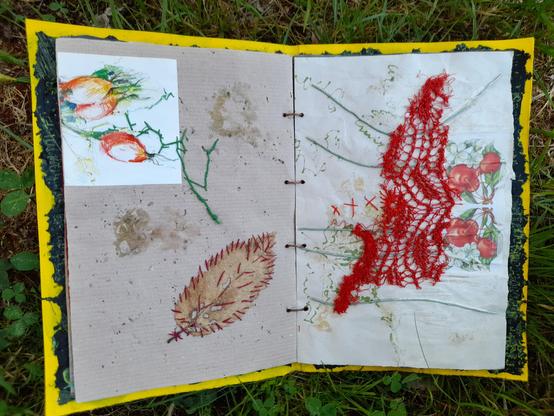 #7 Left: Collage of a coloured drawing of rosehips and a real beech leave. It's borders are marked with red stitches. Green slow stitching connects the rosehips with the leaf. Right: drawing ot red berries (hawthorn?), combined with a scrap of metallic-red lace and intuitive stitching in red. Some thick paper yarn lines in bright green. These are plants growing neer the maize.