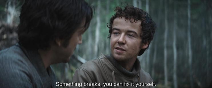 Second screenshot, with both Nemik and Andor shown looking at each other, while Nemik says:" Something breaks, you can fix it yourself."