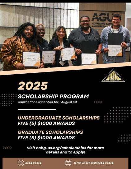 Flyer: 2025 Scholarship Program for the NABG. Picture of 2023 recipients holding the award certificates. The text includes information on the five undergraduate and five graduate scholarships at $1,000 US dollars each.