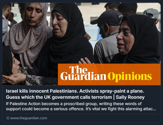 Palestinesi in lutto dopo l'attacco di Israele ai cittadini in fila per il cibo vicino al corridoio di Netzarim.
Foto: Anadolu/Getty Images

Lo screenshot mostra una pagina della sezione Opinioni del sito web del Guardian. Il titolo dell'articolo è provocatorio: “Israele uccide palestinesi innocenti. Attivisti imbrattano un aereo. Indovina quale il governo britannico chiama terrorismo”, firmato da Sally Rooney. Nella descrizione si evidenzia una preoccupazione: se il gruppo Palestine Action venisse messo al bando, scrivere parole di sostegno potrebbe diventare un reato.