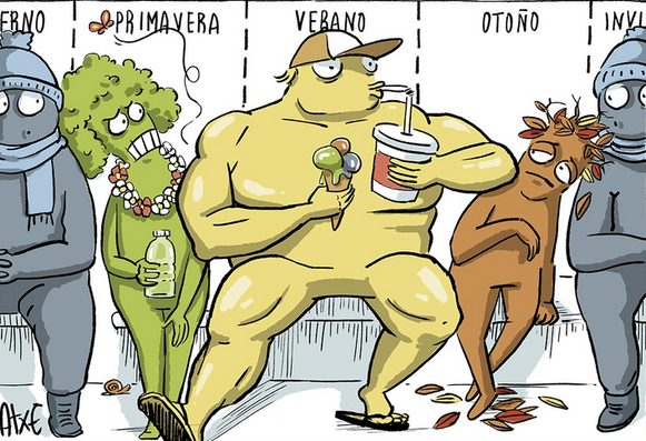Viñeta de Atxe para Climática en la que aparecen varios personajes sentados en lo que parece un medio de transporte colectivo o una sala de espera. El primero representa al invierno, luego primavera, en medio el verano, otoño e invierno de nuevo. Aparte de llevar ropas y complementos típicos de las estaciones a las que representan todos están incómodos, apretados, porque el alto e hipermusculado verano les roba cada vez más hueco.