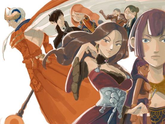 digital illustration of the black eagles characters from fire emblem three houses post timeskip. On the left is edelgard. 
Dorothea is in the front of the illustration with the rest of the class, Hubert, Ferdinand, Petra, Linhardt, Caspar and Bernadetta behind her and underneath the cape.