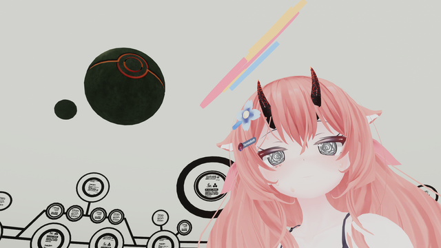 A view of a white space with a black ball floating in the air and a smaller ball orbiting around it. An avatar looks at the camera, confused.
