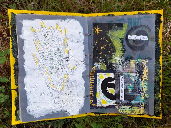 #11: The pages on blue krafft paper are very different. Left: a white acrylic paint surface in which a corn cob and words for corn in different languages are engraved. Yellow stitches and applied bright red glass beads (for the corn) enhance the forms. Right: Abstract collage with black tissue paper, white painted paper and paper lace made with an old book page. Some yellow embroidery. All colours are mainly yellow, some green and red, beside white and black. The words: 'natural wonders' and 'fais voler tes reves' (let your dreams fly).