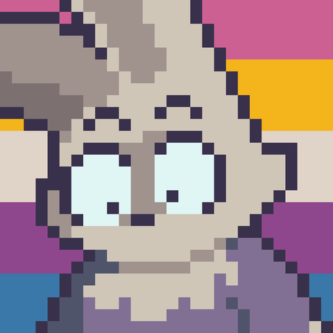 A Pixel Art featuring Abuni looking down, deeply and visibly traumatized. She has big eyes with small pupils and is looking down at the floor. The flag at the background is the Bigender flag.