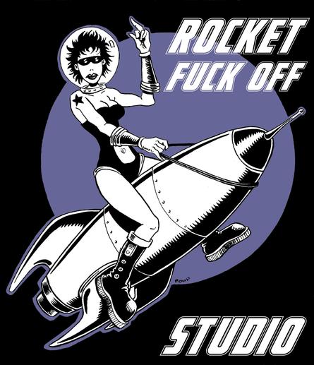 Une astronaute aux allures punk chevauche une fusée en faisant un doigt d'honneur. Dessin réalisé pour le flyer du Rocket Fuck Off Studio, studio d'enregistrement au Havre en France.

A punk-looking astronaut rides a rocket and gives the finger. A drawing created for the flyer for Rocket Fuck Off Studio, a recording studio in Le Havre, France.