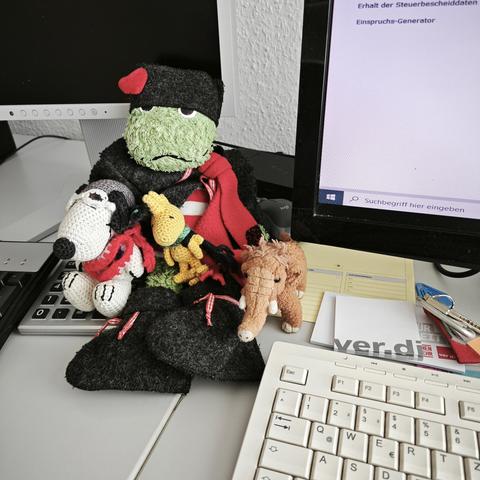 Joschka, der Frotteefrosch, Snoopy, Woodstock und Manni unterstützen heute am Steuerrechner
