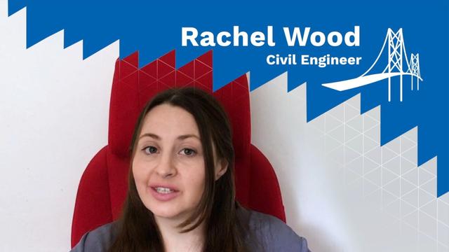 Photograph of the head and shoulders of a caucasian woman with long brown hair. Over the top right corner of the photo is a superimposed blue zigzag shape, with the words Rachel Wood Civil Engineer, and a simplified illustration of the Forth Rail Bridge.