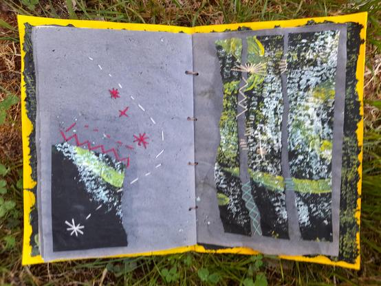 #13 scraps of the black printed issue paper are used for an abstract composition on the double page with a square pice at the left bottom corner. A curved white line and star embroidery makes a connection to the right page. Inside the curved line red slwo stitching in zigtag and stars. Right: The black paper filles the whole page with wavy colums, the inbetween filled with some zigzag, crosses and a fan in mint and beige.