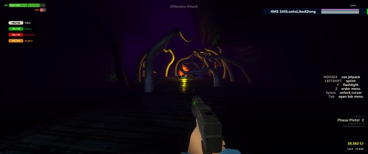 This image from Pulsar: Lost Colony shows a player in a dark, cavernous, and alien environment. In the center, glowing, organic-looking structures with tendrils surround a pulsating, orange-yellow core, possibly an enemy, an objective, or a unique environmental feature. The overall scene suggests a tense, exploratory moment within a hostile or mysterious area of the game.
