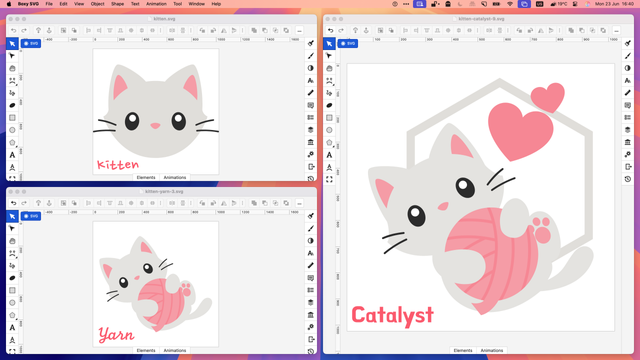 Screen capture: three Boxy SVG windows, tiled (kitten.svg and kitten-yarn-3.svg open in vertical split on left side, kitten-catalyst-9.svg open in full height window on right). Anti-clockwise from top-left, kitten.svg is a minimalist illustration of a kitten’s head with pink ears and nose, kitten-yarn-3.svg is the same cat, playing with a pink ball of yarn, and kitten-natalist-9.svg is the cat in kitten-yarn-3.svg positioned in front of a hexagon with two hearts that look like the 💕 emoji – which is the symbol for the Small Web).