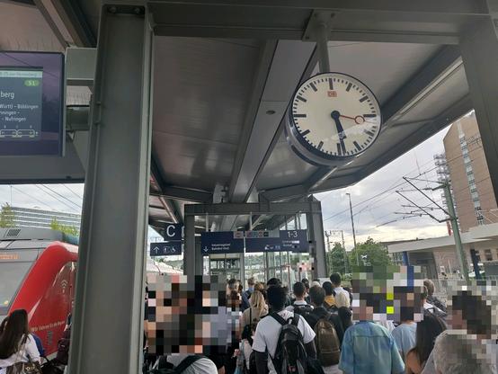 Der Rückstau der verstopften Treppe geht bis weit auf den Bahnsteig hinaus. Wer Auto oder Radfahren kann, erspart sich diese Tortur