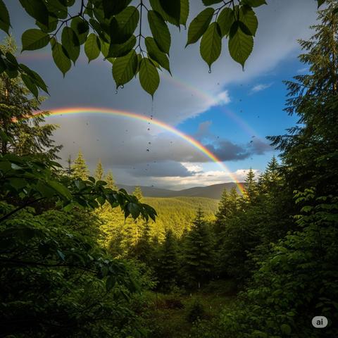 A view from inside a forest, showing raindrops rolling off the leaves of the trees after the rain, with a rainbow in the distance, showing more of the sky, indicating the weather clearing after a storm with sunlight breaking through the clouds, with few dark clouds moving away