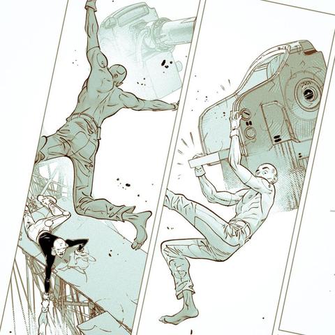 Das Bild zeigt eine Comic-artige Darstellung von einem muskulösen, kahlköpfigen Mann in Aktion. Links ist er zu sehen, wie er sich von einer Art Struktur oder Gerüst abstößt und in die Luft springt. Eine Frau in Not scheint unter ihm zu liegen. Rechts ist der Mann abgebildet, wie er sich an einem großen, mechanischen Objekt abfängt. Die Zeichnungen sind in einem monochromen Stil gehalten und wirken dynamisch und kraftvoll. Das Gesamtbild wirkt wie ein Ausschnitt aus einer Action-Szene in einem Comic oder Graphic Novel.