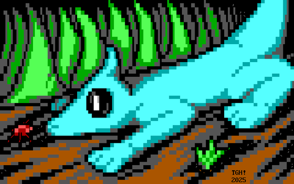 In this piece of low-resolution textmode art, a cyan, cartoon reptilian alien with giant beady eyes sits on a dirt road beside thick blades of glass and carefully studies a tiny red insect of unknown origin. A smaller tuft of grass grows nearby.