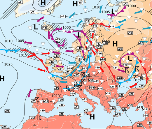 Analyse synoptique de la sitation météo en Europe ce jour.
