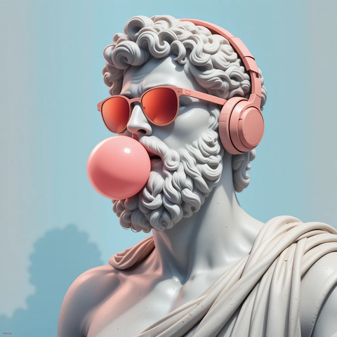 Escultura de una figura masculina con cabello rizado y barba, usando gafas de sol rosadas y auriculares, con un chicle en la boca, sobre un fondo azul.