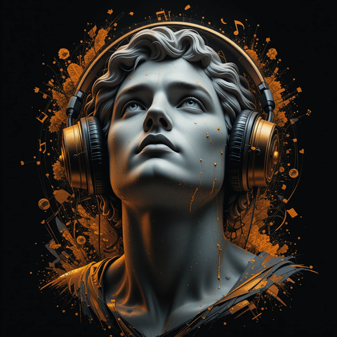 Escultura de un busto con auriculares, mirada enfocada hacia arriba, con fondo oscuro y detalles artísticos en tonos dorados y música.