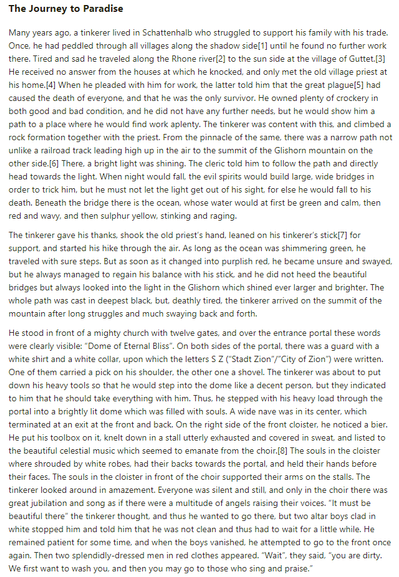 Part 1 of Swiss folk tale "The Journey to Paradise". Drop me a line if you want a machine-readable transcript!