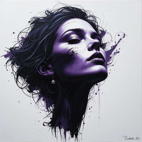 Retrato de una mujer con cabello oscuro y piel clara, con un fondo blanco y pintura morada salpicada, mostrando una expresión de confianza y empoderamiento.