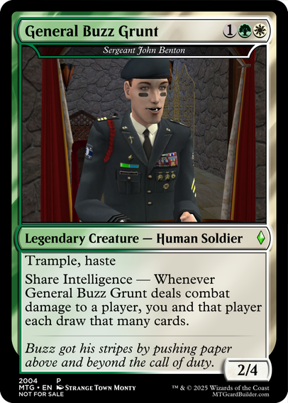 A proxy card version of Sergeant John Benton made to look like General Buzz Grunt, a characters from Sims 2