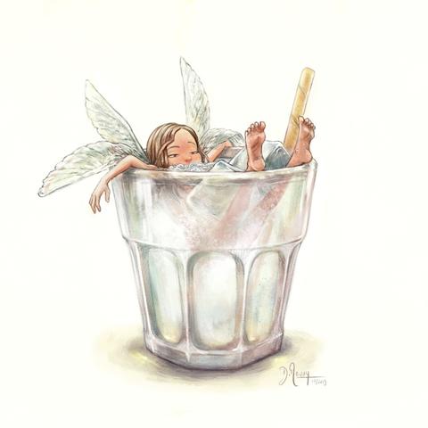 A digital painting illustration I done in Krita of a fairy bathing in a glass with ice. (painted in 2019, repost)