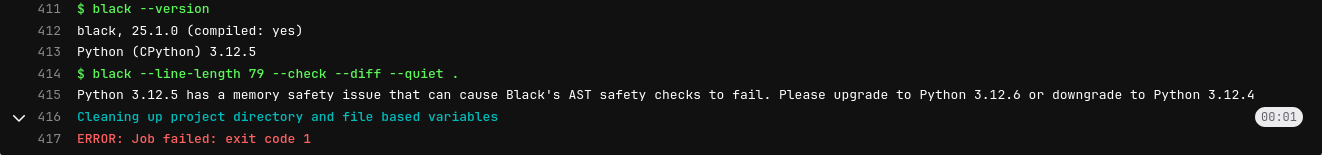 Screenshot of the output of a GitLab CI pipeline where black gives no output while it should.
