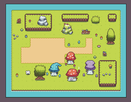 A pixel art scene of a green grass island, with paths, plants, mushrooms, rocks, and vertical layers (some tiles are above the others)