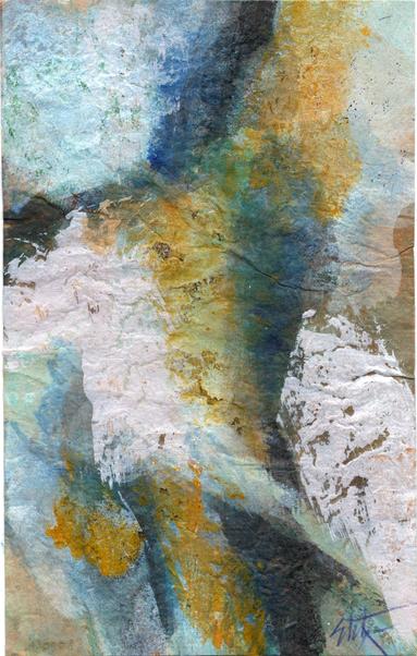 Peinture abstraite au format portrait; Courbe verticale cassée bleu foncé et orange/rouille sur fond bleu clair, deux coups de pinceaux blocs l'enserrent à mi hauteur