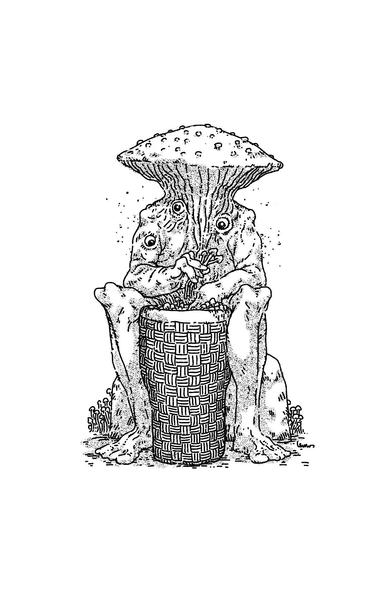 Drawing of an humanoid creature with a mushroom for head, digging into a basket full of mushrooms.