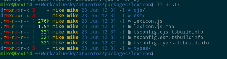 console snapshot showing that I generate CommonJS and ES Module versions of the node library, but also a standalone javascript library with everything bundled in