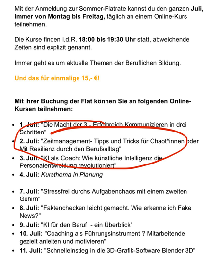 Screenshot von einem Teil der Kursliste zur Sommerflat 2.0 der Berliner Volkshochschulen, umkreist ist der Kurs „Zeitmanagement – Tipps und Tricks für Chaot*innen