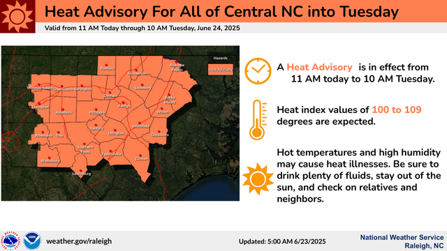 Heat Advisory For All of Central NC into Tuesday National Weather Service 
Raleigh, NC A Heat Advisory  is in effect from 
11 AM today to 10 AM Tuesday. 
Heat index values of 100 to 109  
degrees are expected. 
Hot temperatures and high humidity 
may cause heat illnesses. Be sure to 
drink plenty of ﬂuids, stay out of the 
sun, and check on relatives and 
neighbors. 
Valid from 11 AM Today through 10 AM Tuesday, June 24, 2025 
 weather.gov/raleigh Updated: 5:00 AM 6/23/2025