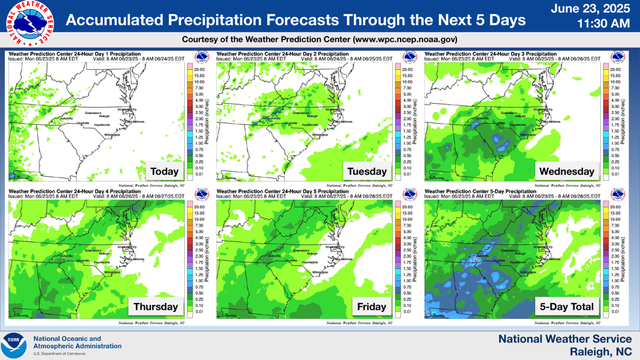 National Weather Service 
 11:30 AM June 23, 2025 
 Raleigh, NC National Weather Service 
Accumulated Precipitation Forecasts Through the Next 5 Days Courtesy of the Weather Prediction Center (www.wpc.ncep.noaa.gov) 
 Today 
 Tuesday 
 Wednesday 
 Thursday 
 Friday 
 5-Day Total