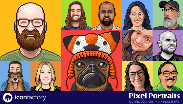 A mosaic of various people's portraits rendered in retro pixel style. Men, women, even pets in bright vibrant colors. The text reads - Iconfactory Pixel Portraits - iconfactory.com/pixelportraits