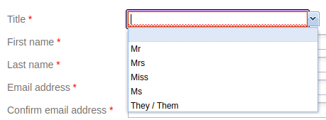 an account registration screen, with a dropdown for selecting Title. 

available options:
- Mr
- Mrs
- Miss
- Ms
- They / Them