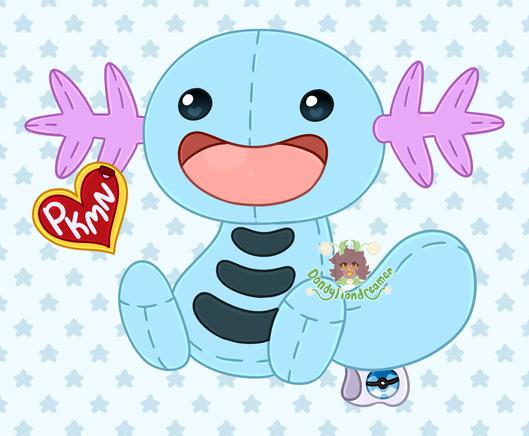 the pokemon wooper as a stuffed animal beanie baby, the red heart tag says "pkmn" and the tush tag has a dive ball on it, it is smiling happily