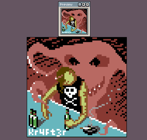 64x64 pixel art with C64 palette, attempt at a male person slouching at a bar with three bottles of beer, a burning cigarette in the ashtray, and a redish-pinkish ethereal evil face with tentacles grinning and subtly embracing the person from behind. The man has a black shirt without sleeves and with white skull at front.