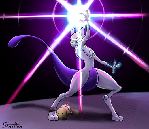 Mewtwo, a psychic clone Cat pokemon from the Nintendo game Pokemon, is charging up a glowing psychich attack with massive power, while protecting a Mimikyu. The Mimikyu is battered and and scratched and scared. The mewtwo is a bit more rageful and furious and is ready to unleash an attack on the assailants.