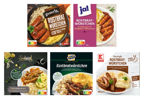 Das Bild zeigt fünf verschiedene Fertiggerichte mit Rostbratwürstchen, Kartoffelpüree und Sauerkraut. Zu sehen sind die folgenden Produkte:

1. gustoria – Rostbratwürstchen mit Kartoffelpüree und Weinsauerkraut


2. ja! – Rostbratwürstchen in würziger Sauce mit Kartoffelpüree & Weinsauerkraut


3. Südwind Menü – Rostbratwürstchen mit Kartoffelpüree und Sauerkraut


4. Wingert Foods – Rostbratwürstchen in einer kräftig-würzigen Sauce mit Kartoffelpüree und Weinsauerkraut


5. K-Classic – Herzhafte Rostbratwürstchen in würziger Sauce mit Kartoffelpüree und Weinsauerkraut