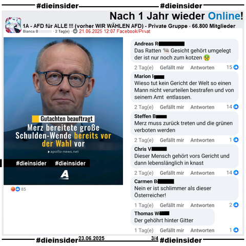 Nach über einem Jahr, ist überraschenderweise die private fast 67.000 Mitglieder große Gruppe "1A - AFD für ALLE !!!" wieder online!

Wir zeigen hier einen Gruppenbeitrag zu Bundeskanzler Friedrich Merz und der "Schulden-Wende, die angeblich schon vor der Wahl vorbereitet wurde" und u.a. die Kommentare 

"Das Ratten Gesicht gehört umgelegt der ist nur noch zum kotzen.", "Wieso tut kein Gericht der Welt so einen Mann nicht verurteilen bestrafen und von seinem Amt entlassen.", "Merz muss zurück treten und die grünen verboten werden.", "Dieser Mensch gehört vors Gericht und dann lebenslänglich in knast.", "Nein er ist schlimmer als dieser Österreicher!" und "Der gehöhrt hinter Gitter."