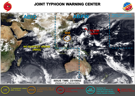 ABPW10 PGTW 231800
MSGID/GENADMIN/JOINT TYPHOON WRNCEN PEARL HARBOR HI//
SUBJ/SIGNIFICANT TROPICAL WEATHER ADVISORY FOR THE WESTERN AND SOUTH 
PACIFIC OCEANS REISSUED/231800Z-240600ZJUN2025//
REF/A/MSG/JOINT TYPHOON WRNCEN PEARL HARBOR HI/231351ZJUN2025//
AMPN/REF A IS A TROPICAL CYCLONE WARNING.//
RMKS/
1. WESTERN NORTH PACIFIC AREA (180 TO MALAY PENINSULA):
   A. TROPICAL CYCLONE SUMMARY:
      (1) AT 23JUN25 1200Z, TROPICAL STORM 02W (SEPAT) WAS LOCATED 
NEAR 27.0N 143.0E, APPROXIMATELY 526 NM SOUTH-SOUTHEAST OF YOKOSUKA, 
JAPAN, AND HAD TRACKED NORTHWESTWARD AT 14 KNOTS OVER THE PAST SIX 
HOURS. MAXIMUM SUSTAINED SURFACE WINDS WERE ESTIMATED AT 40 KNOTS 
GUSTING TO 50 KNOTS. SEE REF A (WTPN31 PGTW 231500) FOR FURTHER 
DETAILS.
      (2) NO OTHER TROPICAL CYCLONES.
   B. TROPICAL DISTURBANCE SUMMARY:
      (1) THE AREA OF CONVECTION (INVEST 96W) PREVIOUSLY LOCATED NEAR 
14.3N 118.9E IS NOW LOCATED NEAR 14.4N 118.7E, APPROXIMATELY 137 NM 
WEST OF MANILA. ANIMATED ENHANCED INFRARED (EIR) SATELLITE IMAGERY 
DEPICT A BROAD ELONGATED AREA OF ROTATION WITH SLOWLY CONSOLIDATING, 
DEEP FLARING CONVECTION TO THE SOUTHEAST OF THE LLCC. A 231430Z ASCAT-
C ALSO REVEALS 20-25 KNOT WINDS TO THE SOUTH AND THE NORTHEAST OF THE 
LLCC, HOWEVER THERE IS NO INDICATION THAT THESE WINDS ARE WRAPPING 
INTO THE CIRCULATION ON THE WESTERN SIDE. ENVIRONMENTAL ANALYSIS 
INDICA